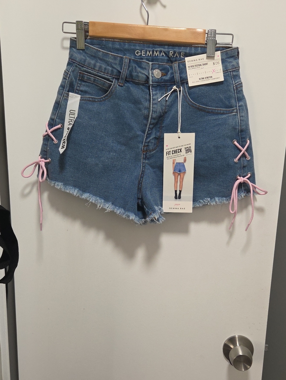 Gemma Rae Women's Blue Denim Shorts with Pink Lace-Up Sides